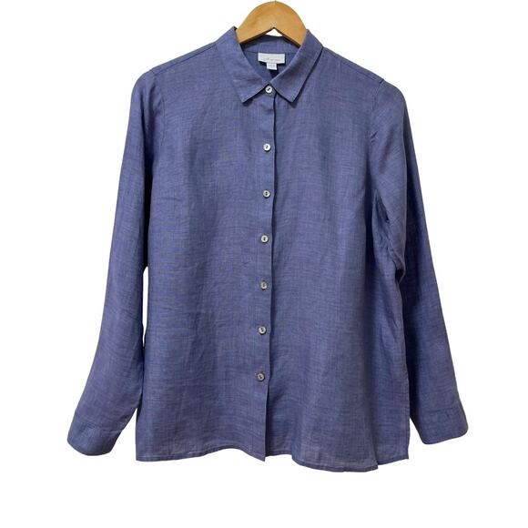J Jill Womens Linen Button Up Long Sleeve Shirt Size SP Blue Travel Coastal - Picture 1 of 8